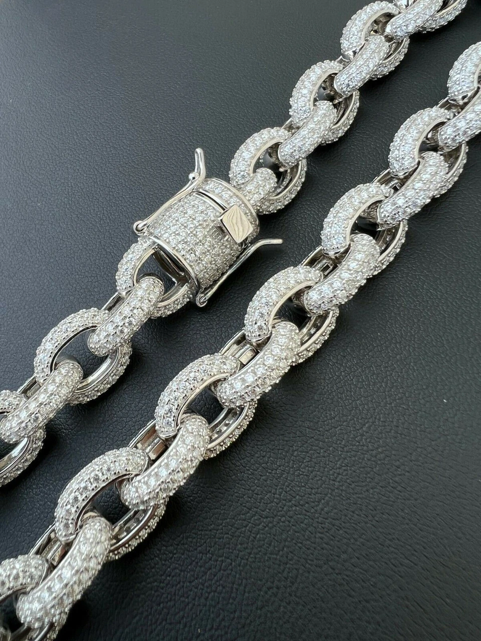 40-67ct VVS MOISSANITE Iced Silver Rolo Link Chain 12mm Thick Pass Diamond Test 5 40-67ct VVS MOISSANITE Iced Silver Rolo Link Chain 12mm Thick Pass Diamond Test - Image 3