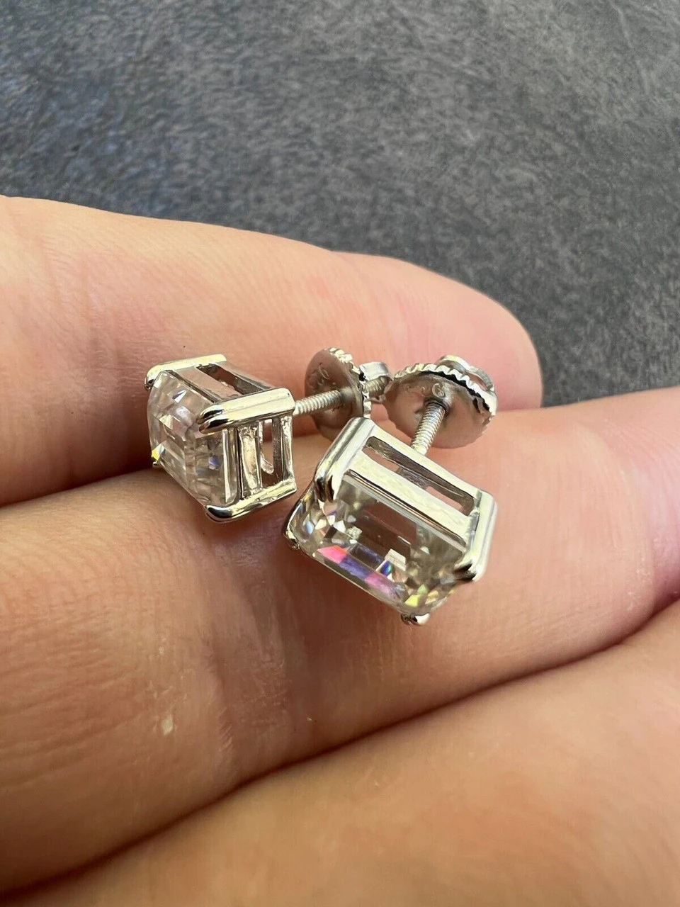 4ct Emerald Cut Real Moissanite Screw Back Solitaire Stud Earrings 925 Silver 14 4ct Emerald Cut Real Moissanite Screw Back Solitaire Stud Earrings 925 Silver - Image 12