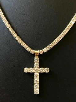 4mm Single Row Tennis Chain W. Cross 14k Gold & 925 Sterling Silver 80ct Diamond -Harlem Bling Shop harlembling 4mm single row tennis chain w cross 14k gold and 925 sterling silver 80ct diamond 19719.1664378505