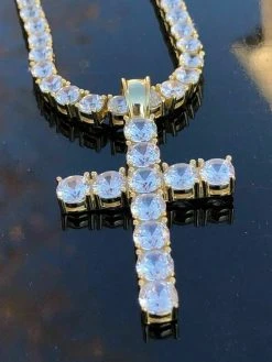 4mm Single Row Tennis Chain W. Cross 14k Gold & 925 Sterling Silver 80ct Diamond -Harlem Bling Shop harlembling 4mm single row tennis chain w cross 14k gold and 925 sterling silver 80ct diamond 37771.1664395865