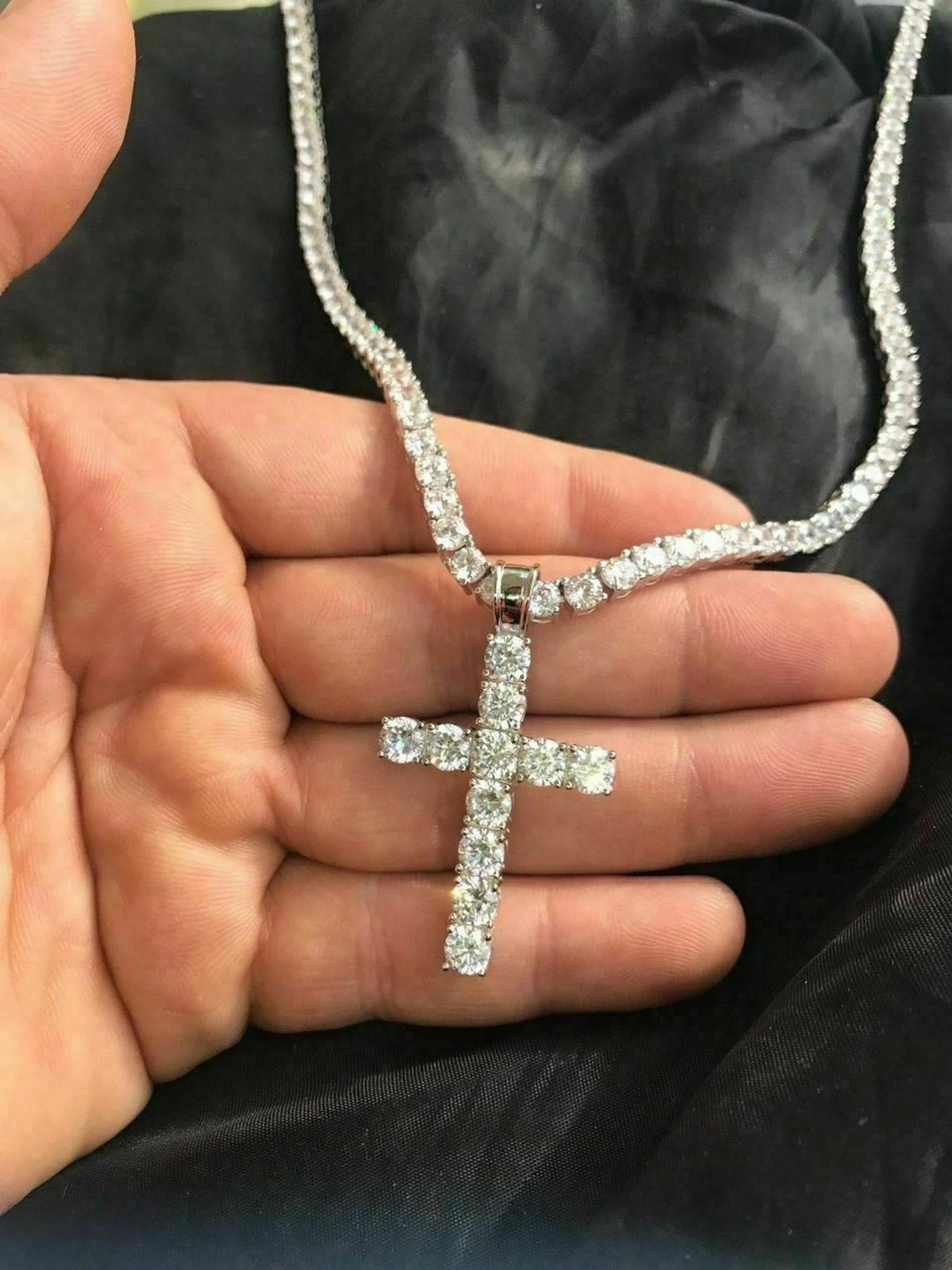 4mm Single Row Tennis Chain W. Cross Solid 925 Sterling Silver 80ct Man Made Diamond 3 4mm Single Row Tennis Chain W. Cross Solid 925 Sterling Silver 80ct Man Made Diamond