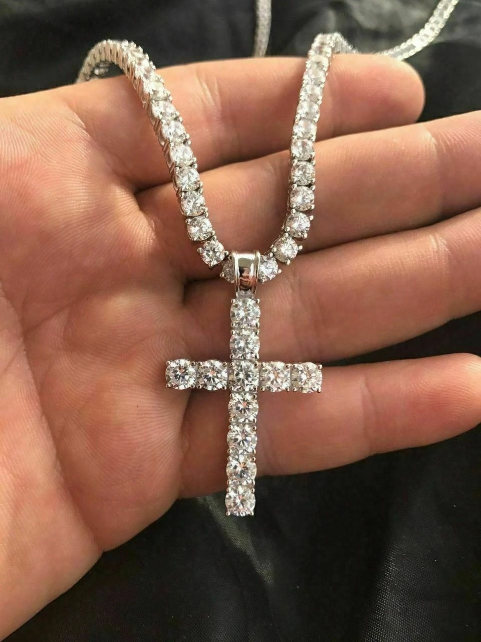 4mm Single Row Tennis Chain W. Cross Solid 925 Sterling Silver 80ct Man Made Diamond 16 4mm Single Row Tennis Chain W. Cross Solid 925 Sterling Silver 80ct Man Made Diamond - Image 14