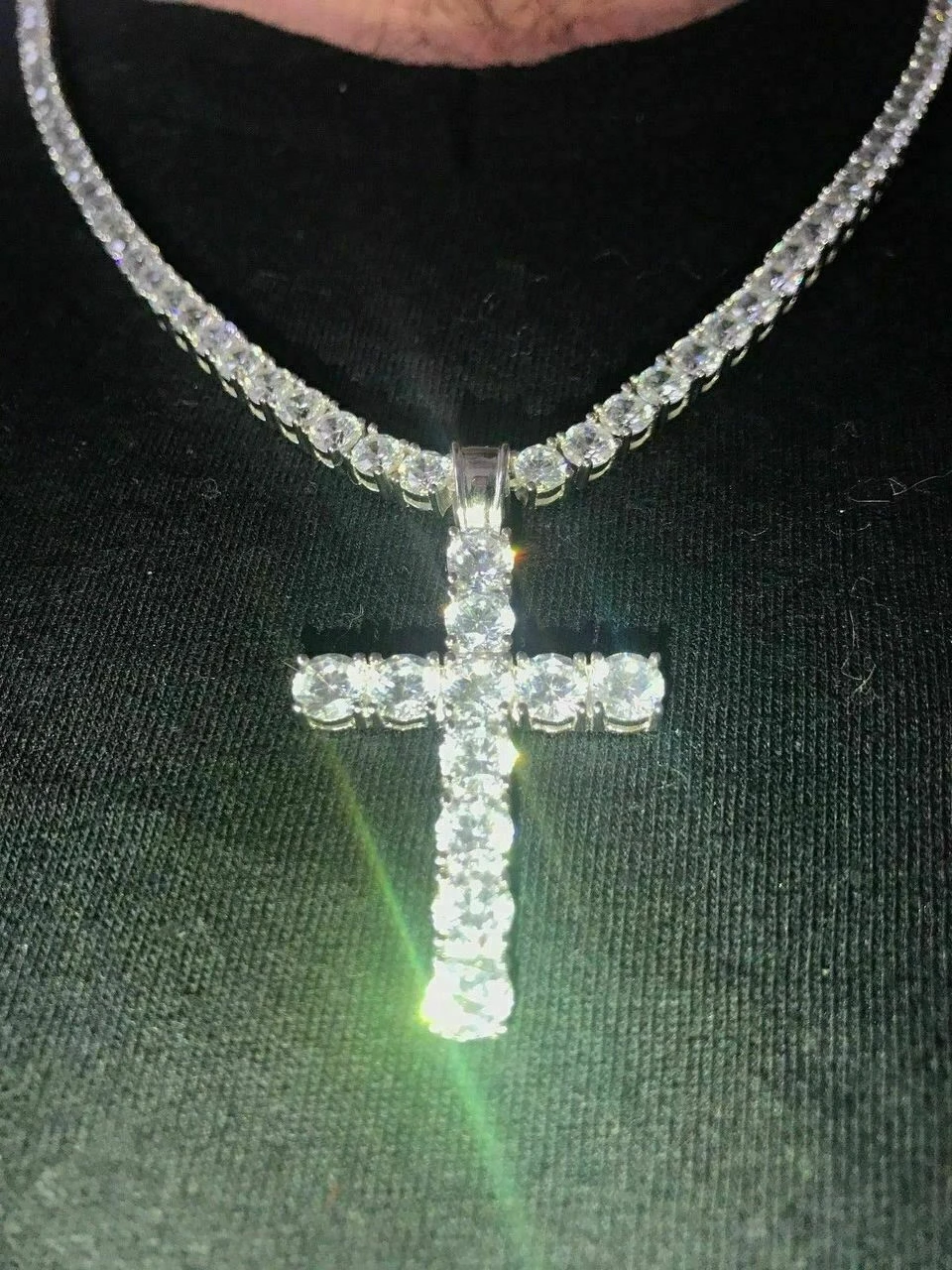 4mm Single Row Tennis Chain W. Cross Solid 925 Sterling Silver 80ct Man Made Diamond 14 4mm Single Row Tennis Chain W. Cross Solid 925 Sterling Silver 80ct Man Made Diamond - Image 12