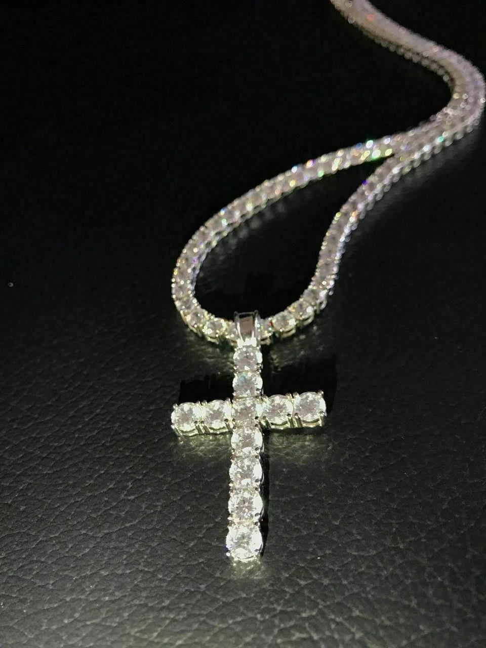 4mm Single Row Tennis Chain W. Cross Solid 925 Sterling Silver 80ct Man Made Diamond 5 4mm Single Row Tennis Chain W. Cross Solid 925 Sterling Silver 80ct Man Made Diamond - Image 3