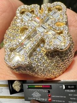 6.5ct MOISSANITE Iced Real Baguette Cross Shaped Ring 14k Gold Over 925 Silver