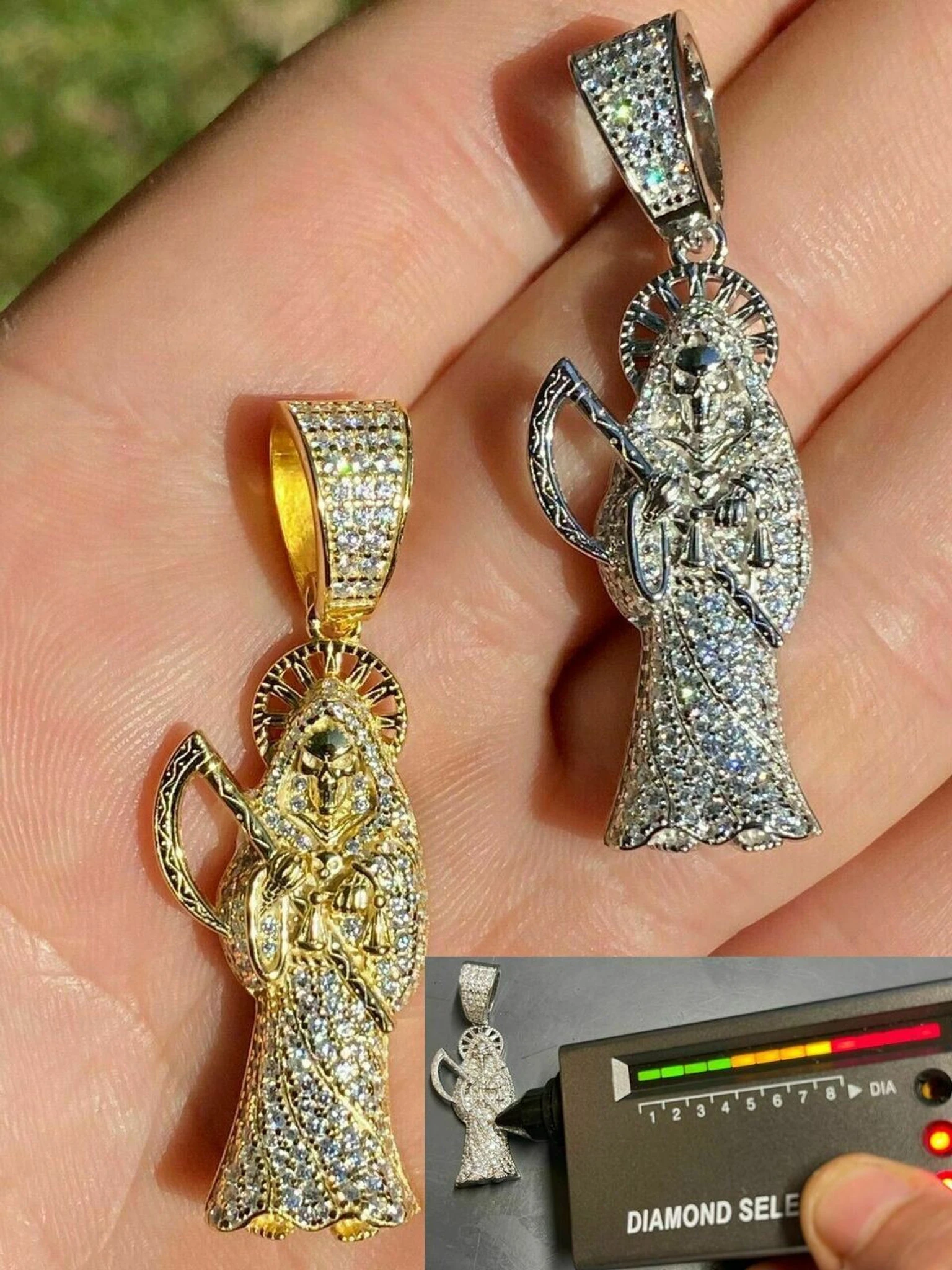 925 Silver Gold Grim Reaper Pendant Necklace Real Moissanite 3 925 Silver Gold Grim Reaper Pendant Necklace Real Moissanite