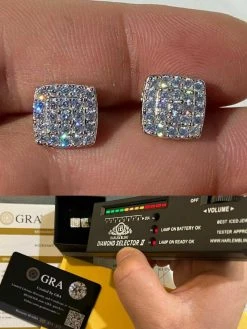 925 Silver Iced Hip Hop MOISSANITE Square Screwback Earrings Pass Diamond Tester