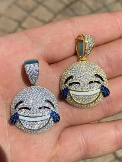 925 Sterling Silver Hip Hop LOL Emoji Pendant Necklace Iced Smiley Laughing