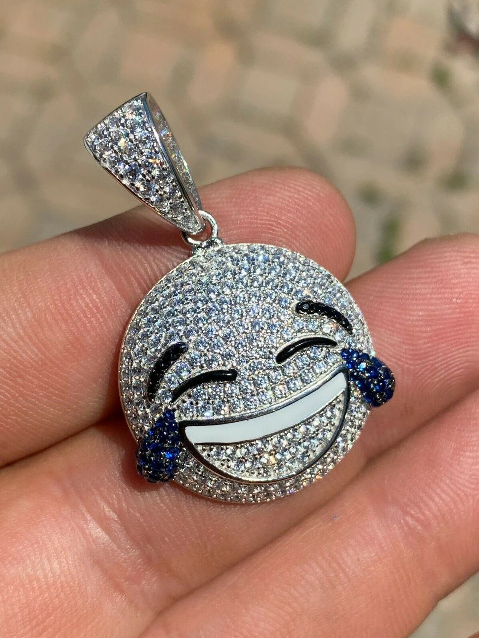 925 Sterling Silver Hip Hop LOL Emoji Pendant Necklace Iced Smiley Laughing 4 925 Sterling Silver Hip Hop LOL Emoji Pendant Necklace Iced Smiley Laughing - Image 2