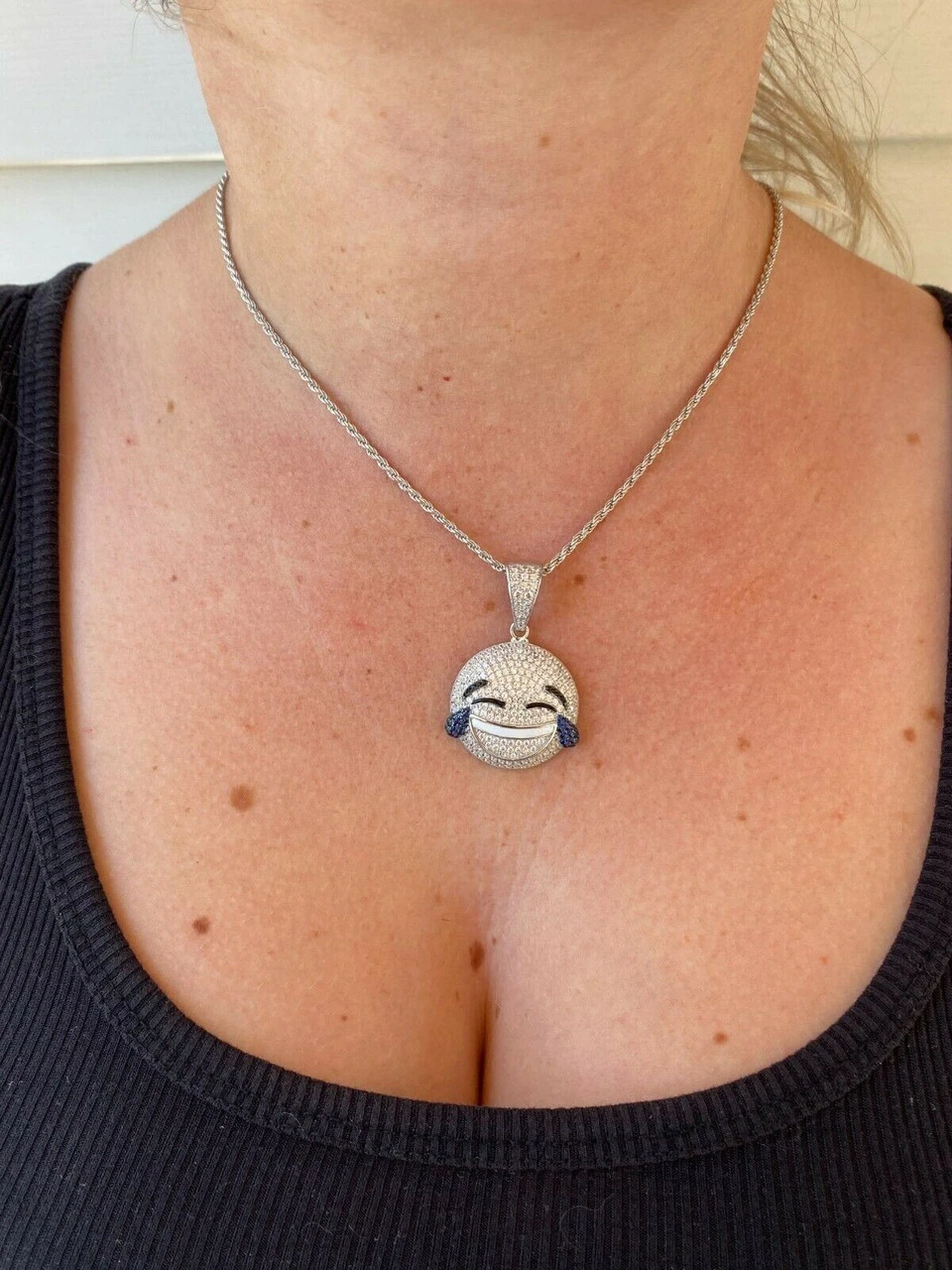 925 Sterling Silver Hip Hop LOL Emoji Pendant Necklace Iced Smiley Laughing 7 925 Sterling Silver Hip Hop LOL Emoji Pendant Necklace Iced Smiley Laughing - Image 5