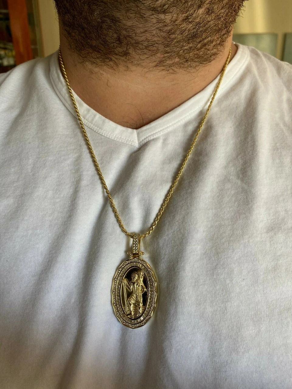 925 Sterling Silver St Christopher Necklace Pendant Iced Baguette Medallion Gold 13 925 Sterling Silver St Christopher Necklace Pendant Iced Baguette Medallion Gold - Image 11