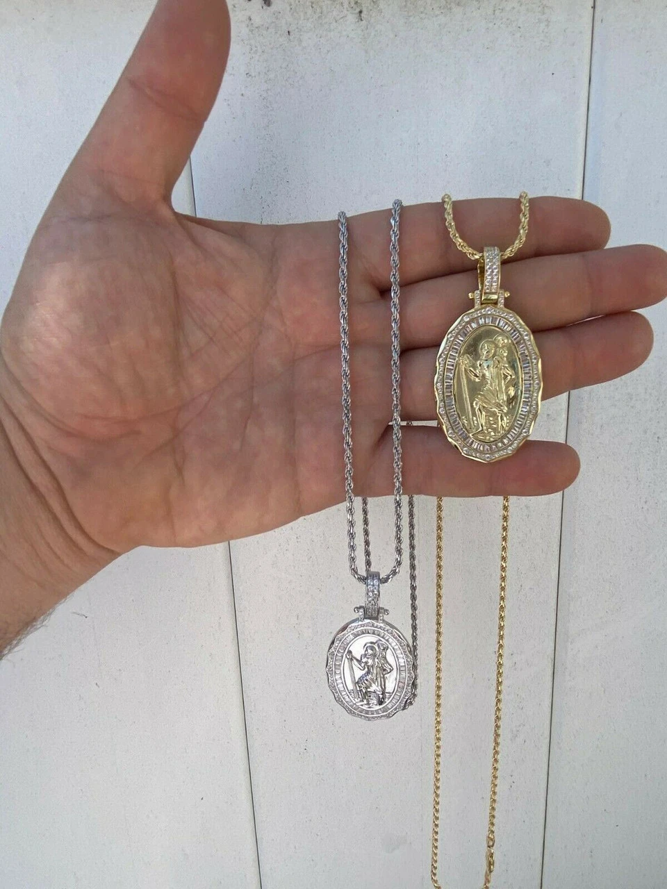 925 Sterling Silver St Christopher Necklace Pendant Iced Baguette Medallion Gold 12 925 Sterling Silver St Christopher Necklace Pendant Iced Baguette Medallion Gold - Image 10