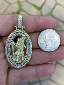 925 Sterling Silver St Christopher Necklace Pendant Iced Baguette Medallion Gold 16 925 Sterling Silver St Christopher Necklace Pendant Iced Baguette Medallion Gold -Harlem Bling Shop harlembling 925 sterling silver st christopher necklace pendant iced baguette medallion gold 55822.1664381914