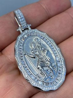 925 Sterling Silver St Christopher Necklace Pendant Iced Baguette Medallion Gold 19 925 Sterling Silver St Christopher Necklace Pendant Iced Baguette Medallion Gold -Harlem Bling Shop harlembling 925 sterling silver st christopher necklace pendant iced baguette medallion gold 63971.1664373358