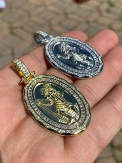 925 Sterling Silver St Christopher Necklace Pendant Iced Baguette Medallion Gold 21 925 Sterling Silver St Christopher Necklace Pendant Iced Baguette Medallion Gold -Harlem Bling Shop harlembling 925 sterling silver st christopher necklace pendant iced baguette medallion gold 79525.1664389406