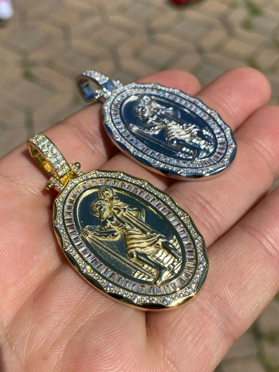 925 Sterling Silver St Christopher Necklace Pendant Iced Baguette Medallion Gold 11 925 Sterling Silver St Christopher Necklace Pendant Iced Baguette Medallion Gold - Image 9