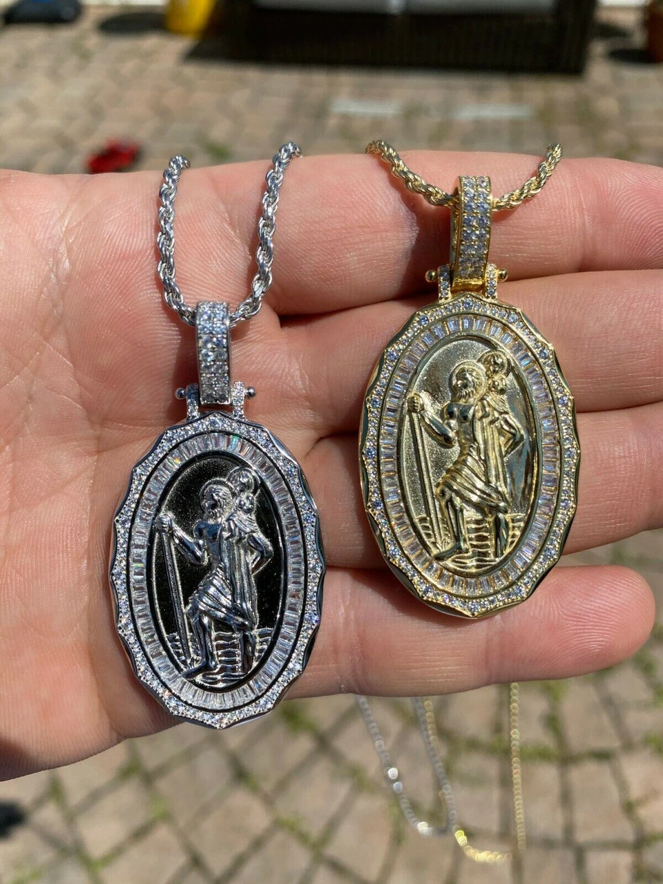 925 Sterling Silver St Christopher Necklace Pendant Iced Baguette Medallion Gold 4 925 Sterling Silver St Christopher Necklace Pendant Iced Baguette Medallion Gold - Image 2