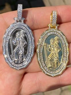 925 Sterling Silver St Christopher Necklace Pendant Iced Baguette Medallion Gold