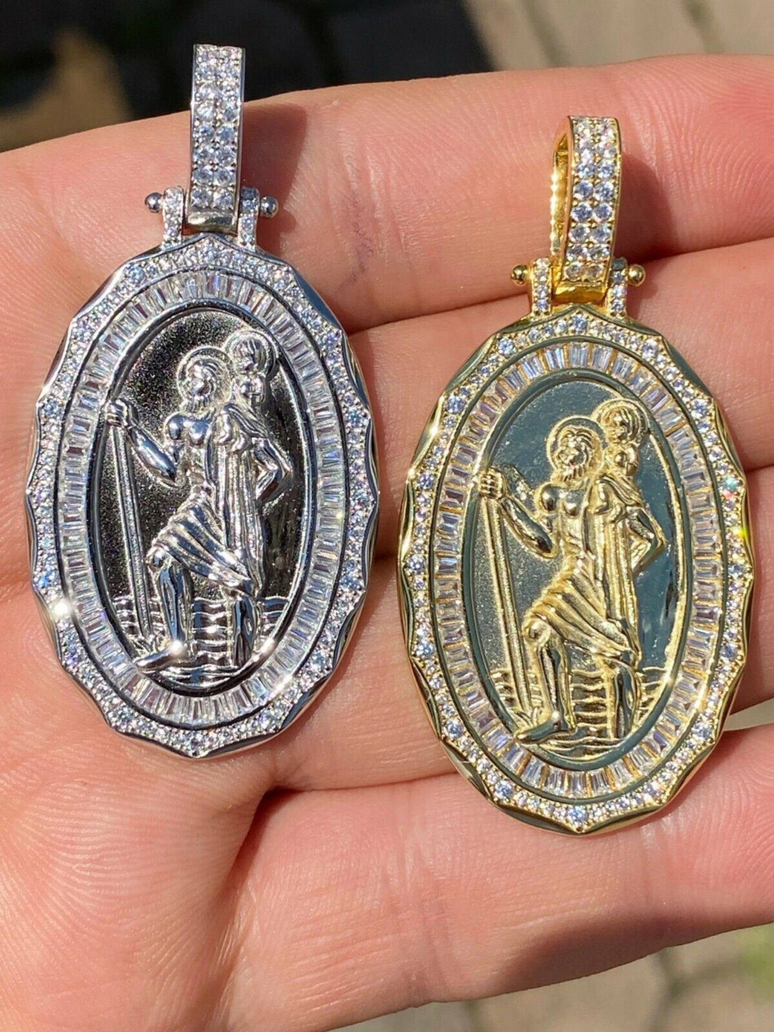 925 Sterling Silver St Christopher Necklace Pendant Iced Baguette Medallion Gold 3 925 Sterling Silver St Christopher Necklace Pendant Iced Baguette Medallion Gold