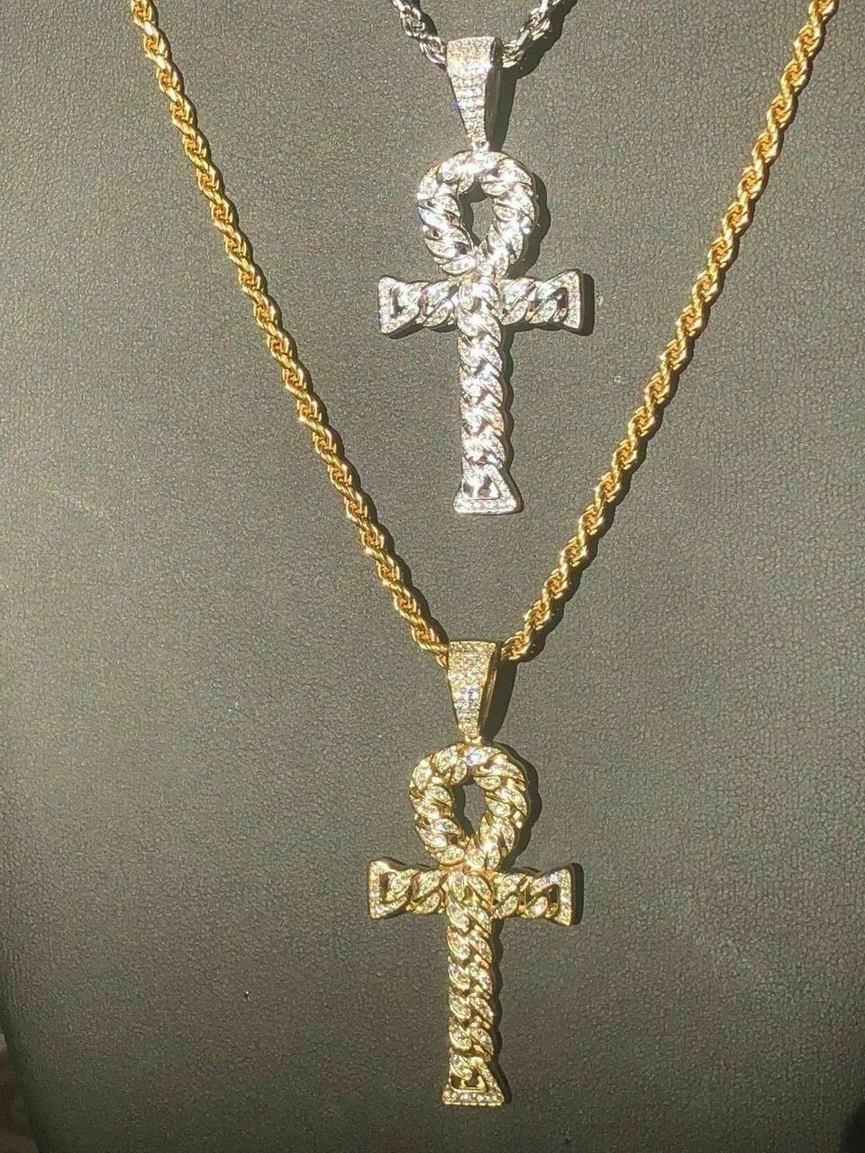 Ankh Cuban Link Cross 14k Gold Solid 925 Sterling Silver Pendant 1ct Man Diamond 4 Ankh Cuban Link Cross 14k Gold Solid 925 Sterling Silver Pendant 1ct Man Diamond - Image 2