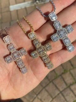 Baguette MOISSANITE Iced Cross Hip Hop Pendant - Pass Diamond Tester Silver Gold -Harlem Bling Shop harlembling baguette moissanite iced cross hip hop pendant pass diamond tester silver gold 09911.1664380824
