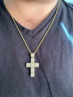 Baguette MOISSANITE Iced Cross Hip Hop Pendant - Pass Diamond Tester Silver Gold -Harlem Bling Shop harlembling baguette moissanite iced cross hip hop pendant pass diamond tester silver gold 37069.1664383362