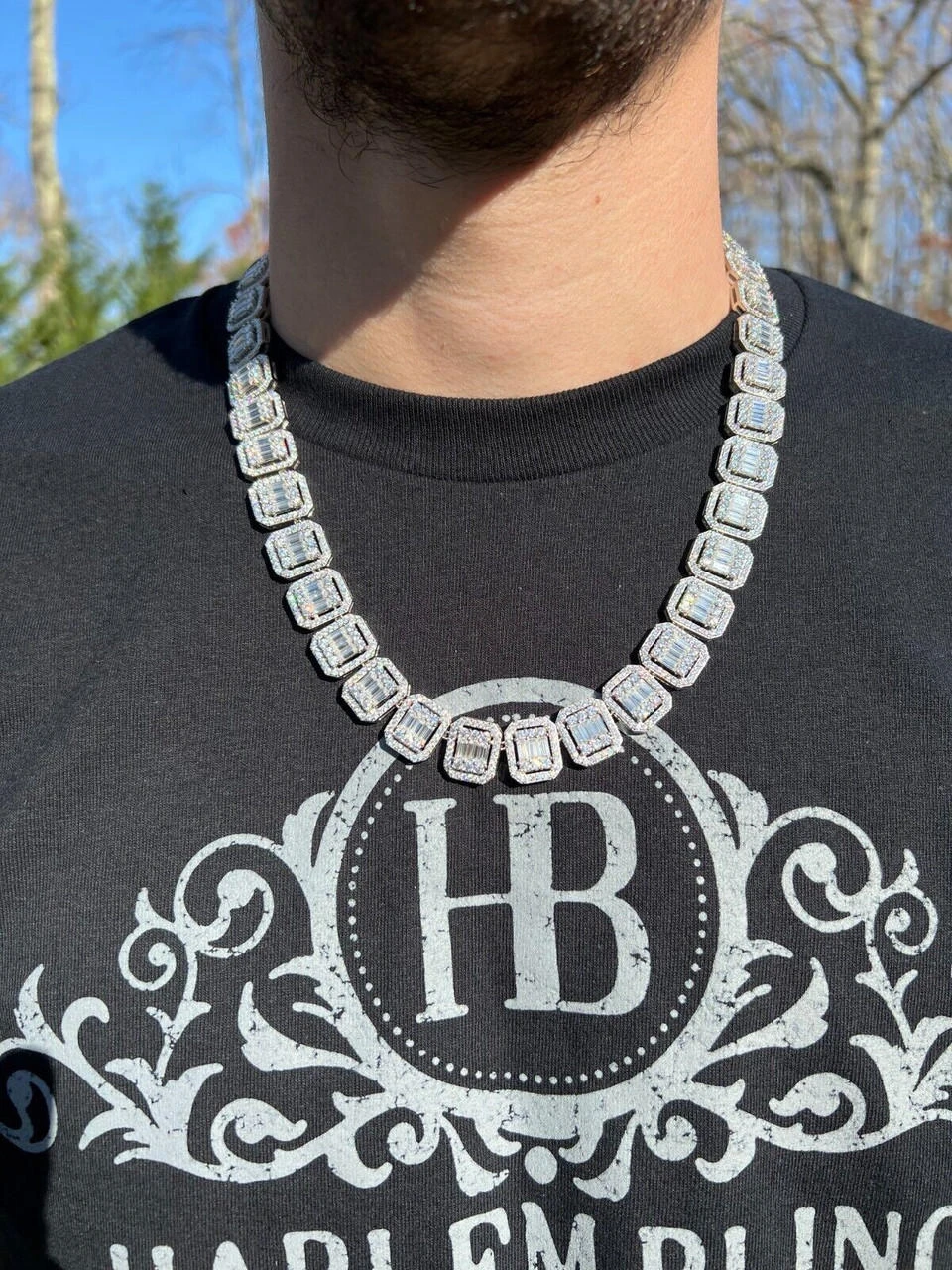 Baguette MOISSANITE Real 925 Silver 15mm Square Chain Necklace Pass Diamond Test 7 Baguette MOISSANITE Real 925 Silver 15mm Square Chain Necklace Pass Diamond Test - Image 5