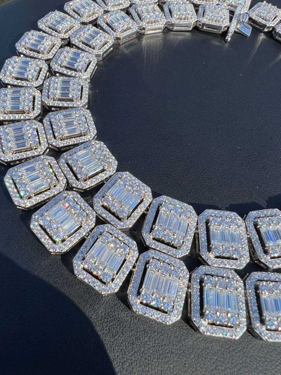 Baguette MOISSANITE Real 925 Silver 15mm Square Chain Necklace Pass Diamond Test 4 Baguette MOISSANITE Real 925 Silver 15mm Square Chain Necklace Pass Diamond Test - Image 2