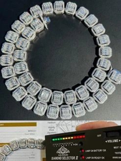 Baguette MOISSANITE Real 925 Silver 15mm Square Chain Necklace Pass Diamond Test