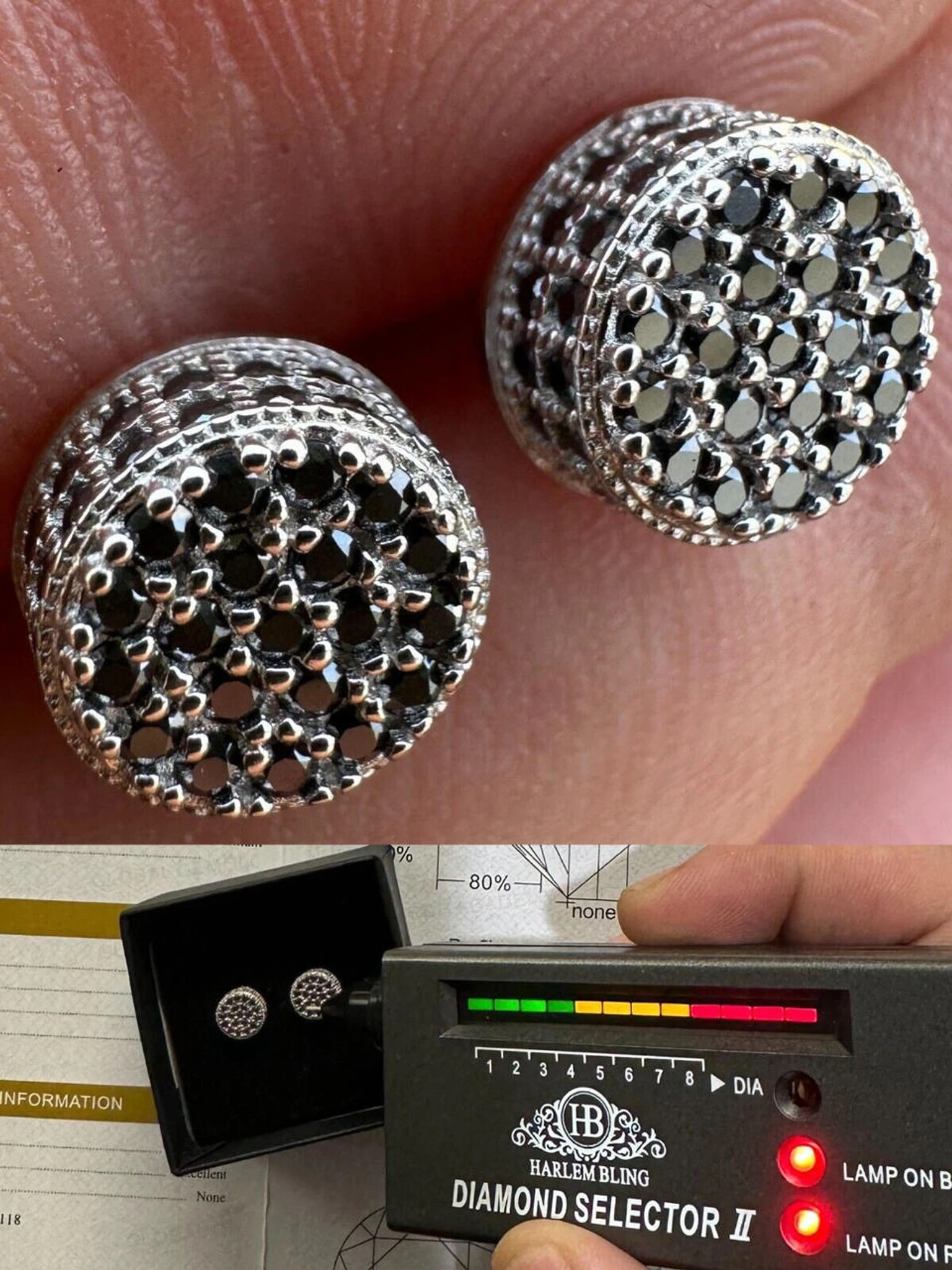 Black Moissanite 925 Silver Iced Hip Hop Earrings Small 1/3" Studs Pass Tester 3 Black Moissanite 925 Silver Iced Hip Hop Earrings Small 1/3" Studs Pass Tester