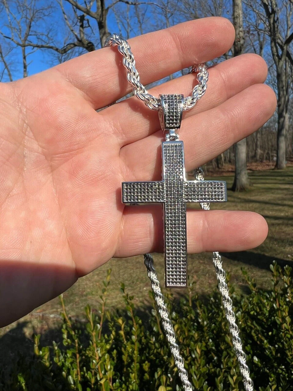 Black MOISSANITE 925 Silver Large Iced Cross Pendant 2.5CT Pass Diamond Tester 8 Black MOISSANITE 925 Silver Large Iced Cross Pendant 2.5CT Pass Diamond Tester - Image 6