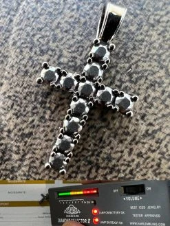 Black MOISSANITE Real 925 Silver Iced Cross Pendant Diamond Passes Tester