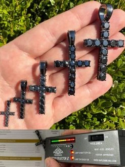 Black MOISSANITE Real Oxidized Rhodium 925 Silver Cross Iced Pendant Necklace