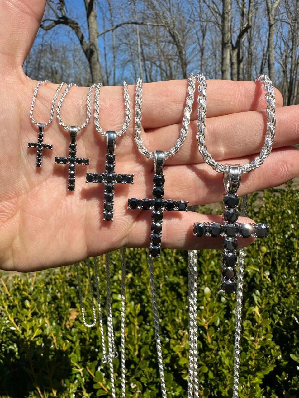 Black MOISSANITE Stone Real 925 Silver Tennis Cross Iced Pendant Necklace HipHop 5 Black MOISSANITE Stone Real 925 Silver Tennis Cross Iced Pendant Necklace HipHop - Image 3