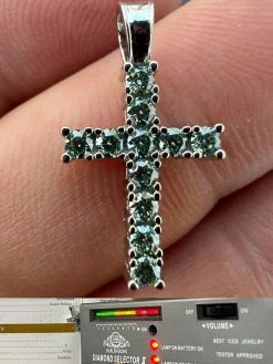 Blue Green MOISSANITE Real 925 Silver Iced Cross Pendant Diamond Passes Tester