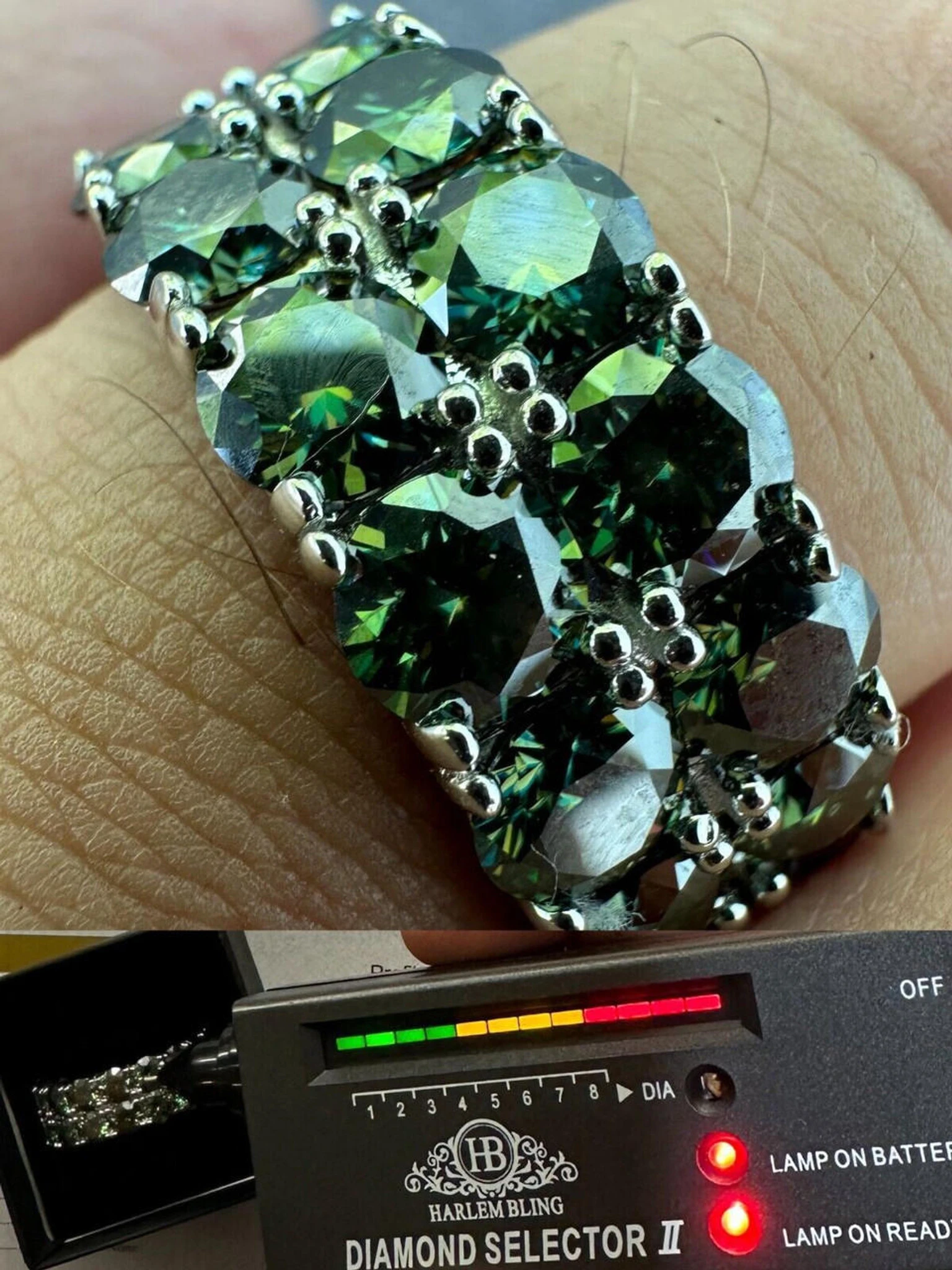 Blue Green Moissanite Ring Real 925 Silver Hip Hop Iced Tennis Band 10mm Big 3 Blue Green Moissanite Ring Real 925 Silver Hip Hop Iced Tennis Band 10mm Big