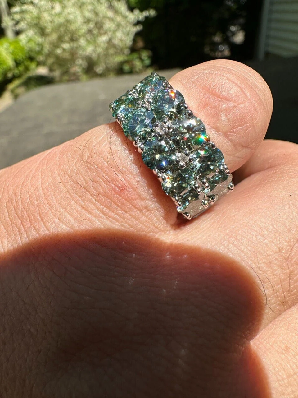 Blue Green Moissanite Ring Real 925 Silver Hip Hop Iced Tennis Band 10mm Big 4 Blue Green Moissanite Ring Real 925 Silver Hip Hop Iced Tennis Band 10mm Big - Image 2