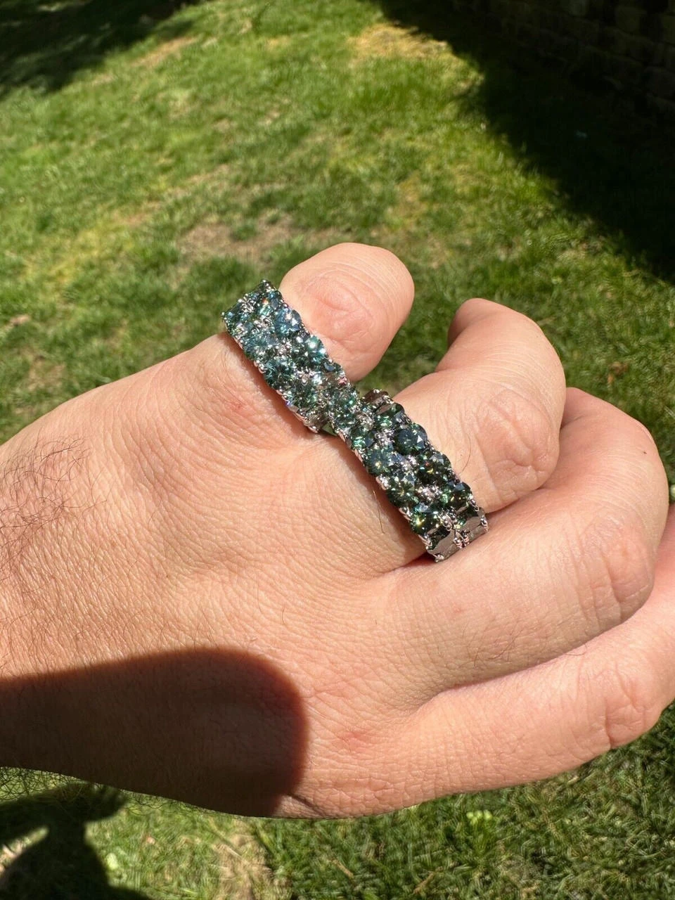 Blue Green Moissanite Ring Real 925 Silver Hip Hop Iced Tennis Band 10mm Big 9 Blue Green Moissanite Ring Real 925 Silver Hip Hop Iced Tennis Band 10mm Big - Image 7