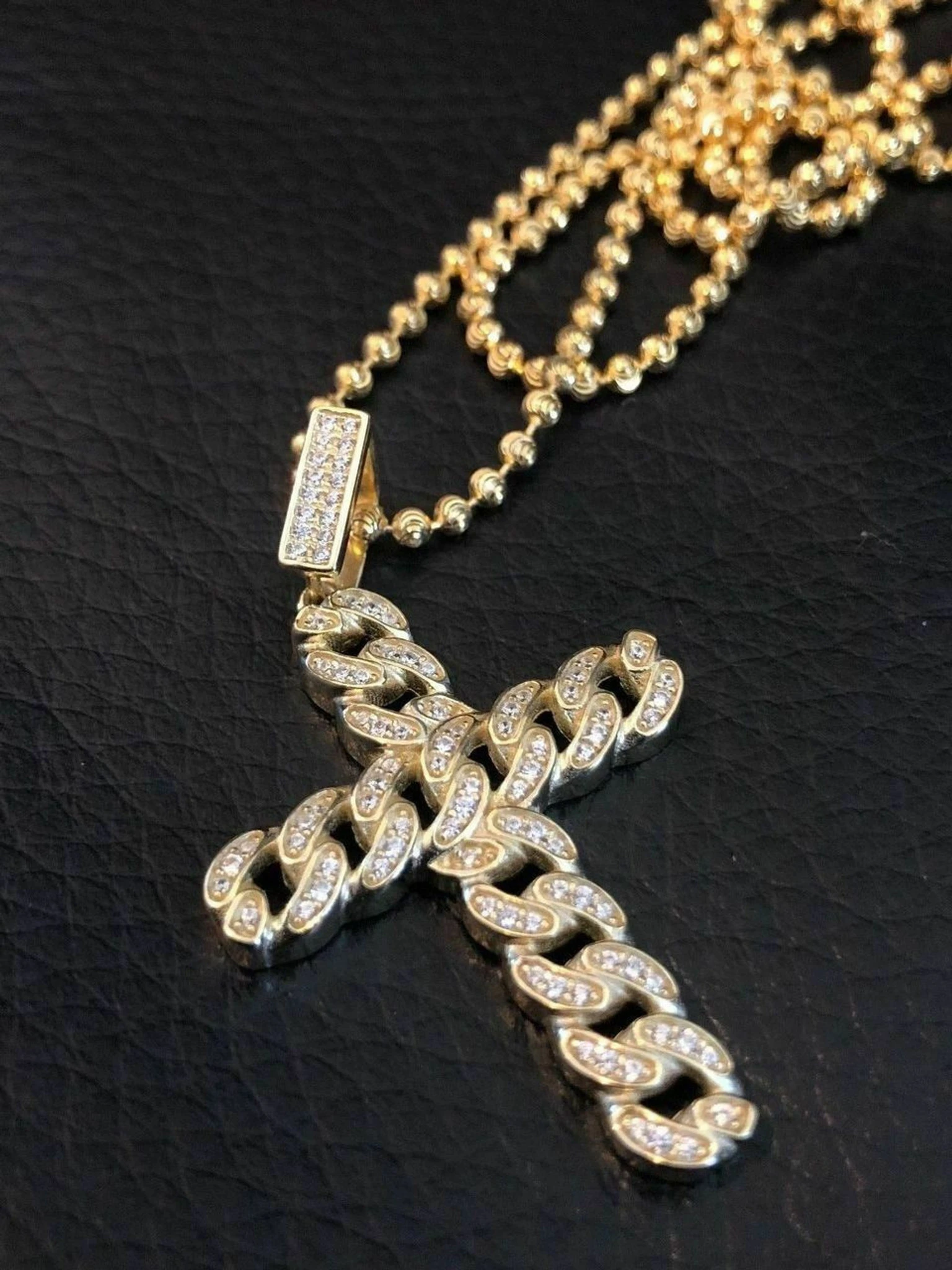 Cuban Link Cross Pendant W. Chain Sterling Silver 925 *14k Gold Plated* Diamond 3 Cuban Link Cross Pendant W. Chain Sterling Silver 925 *14k Gold Plated* Diamond