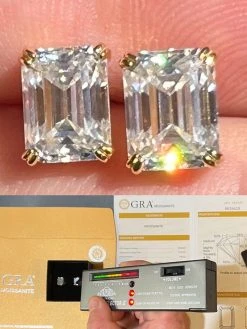 Emerald Cut Real Moissanite Solitaire Stud Earrings 14ct Gold Plated 925 Silver