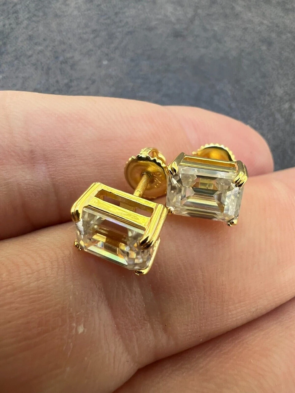 Emerald Cut Real Moissanite Solitaire Stud Earrings 14ct Gold Plated 925 Silver 14 Emerald Cut Real Moissanite Solitaire Stud Earrings 14ct Gold Plated 925 Silver - Image 12