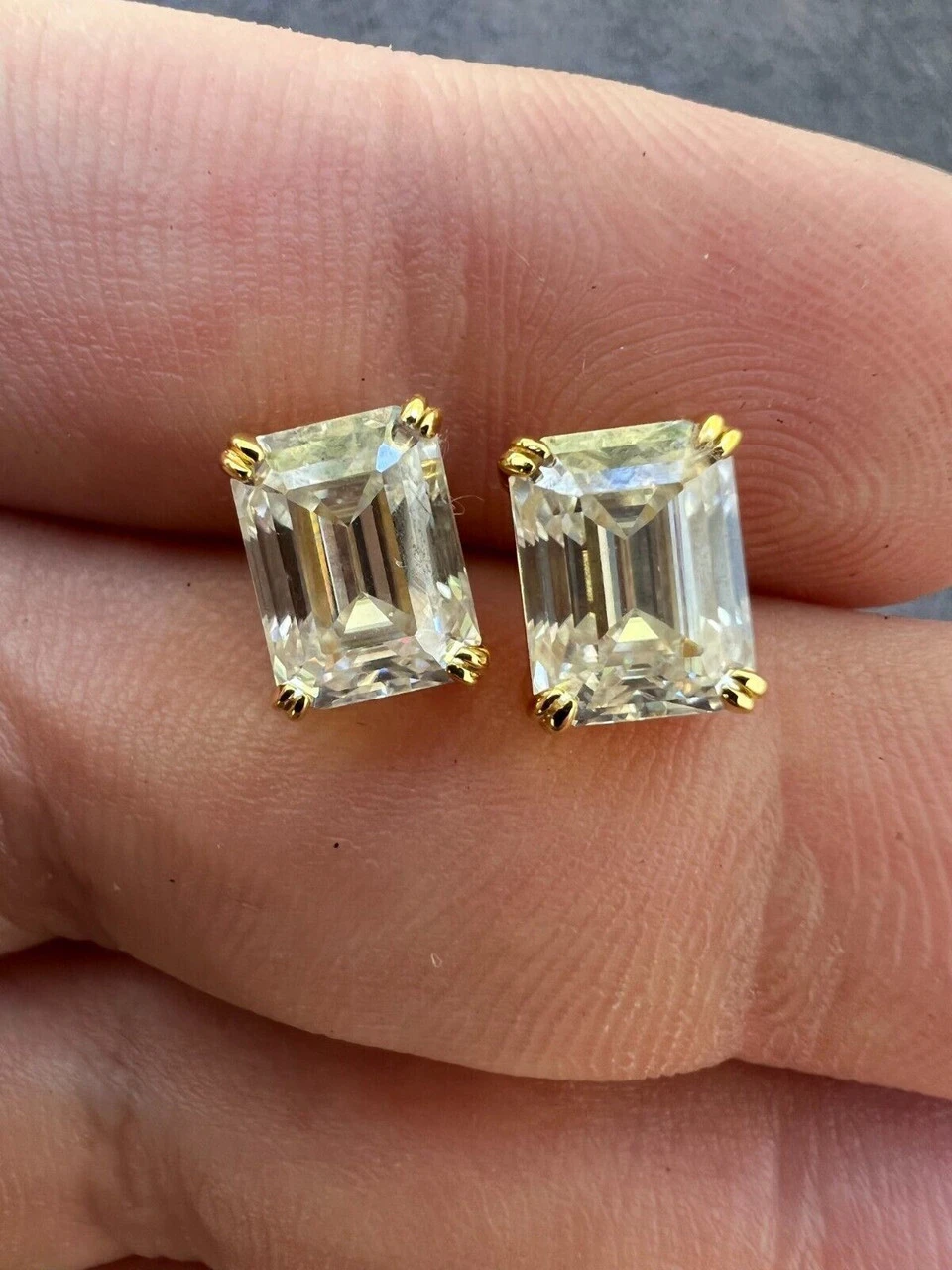 Emerald Cut Real Moissanite Solitaire Stud Earrings 14ct Gold Plated 925 Silver 7 Emerald Cut Real Moissanite Solitaire Stud Earrings 14ct Gold Plated 925 Silver - Image 5