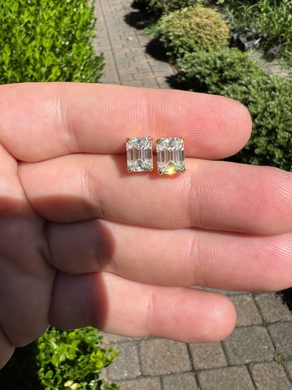Emerald Cut Real Moissanite Solitaire Stud Earrings 14ct Gold Plated 925 Silver 13 Emerald Cut Real Moissanite Solitaire Stud Earrings 14ct Gold Plated 925 Silver - Image 11