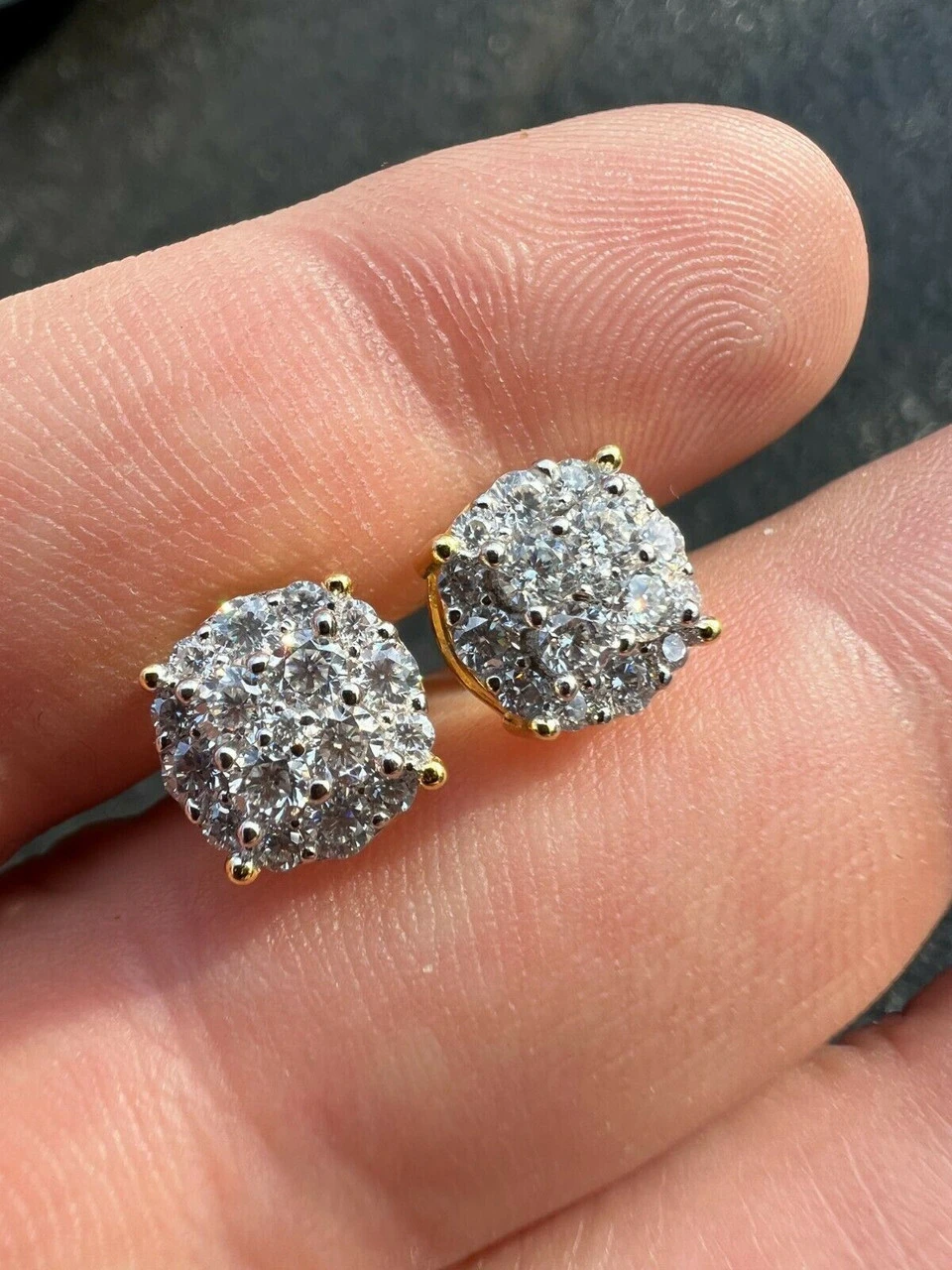 Gold Vermeil MOISSANITE Iced Hip Hop Earrings Cluster Studs Pass Diamond Tester 5 Gold Vermeil MOISSANITE Iced Hip Hop Earrings Cluster Studs Pass Diamond Tester - Image 3