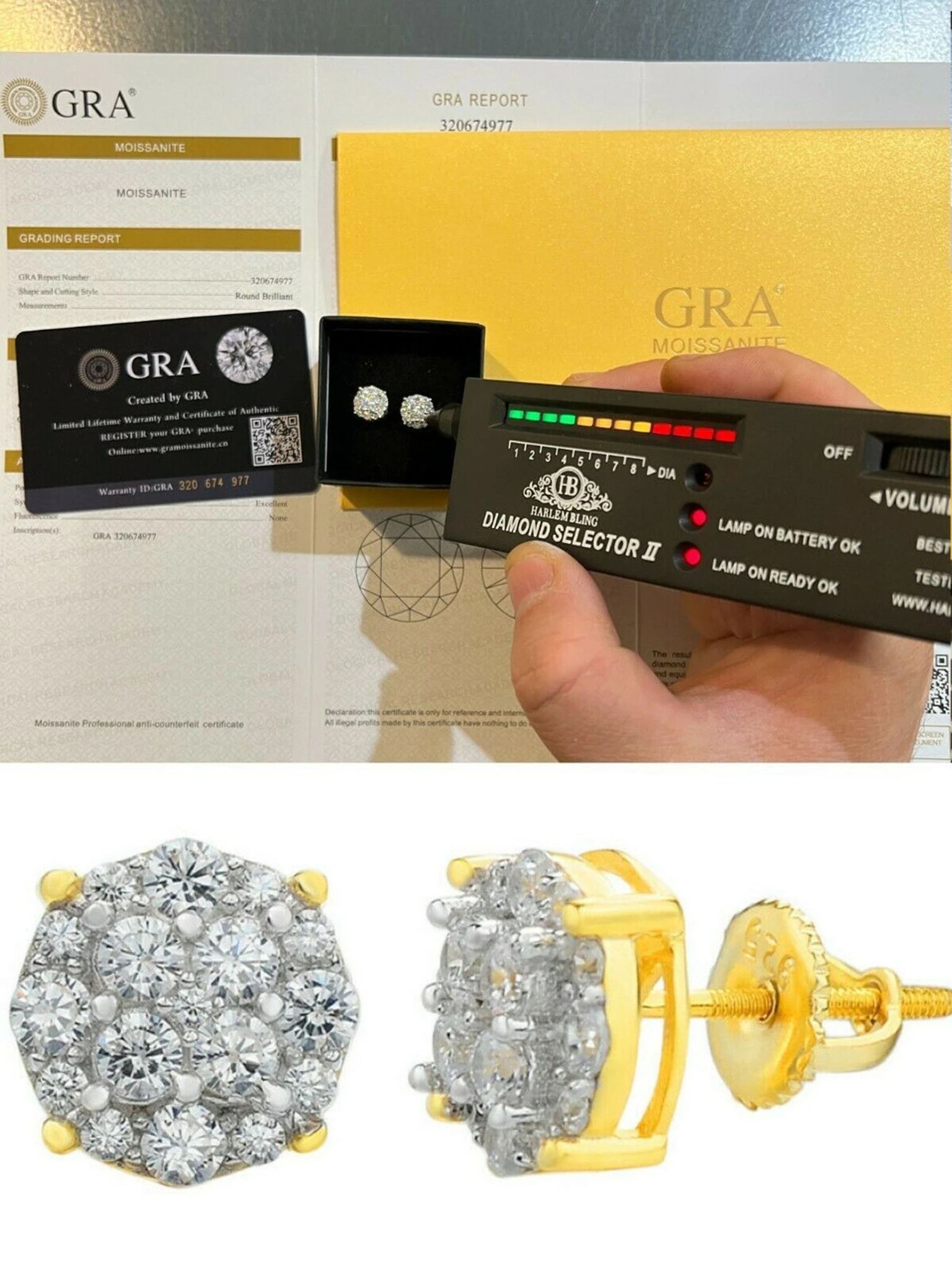 Gold Vermeil MOISSANITE Iced Hip Hop Earrings Cluster Studs Pass Diamond Tester 3 Gold Vermeil MOISSANITE Iced Hip Hop Earrings Cluster Studs Pass Diamond Tester