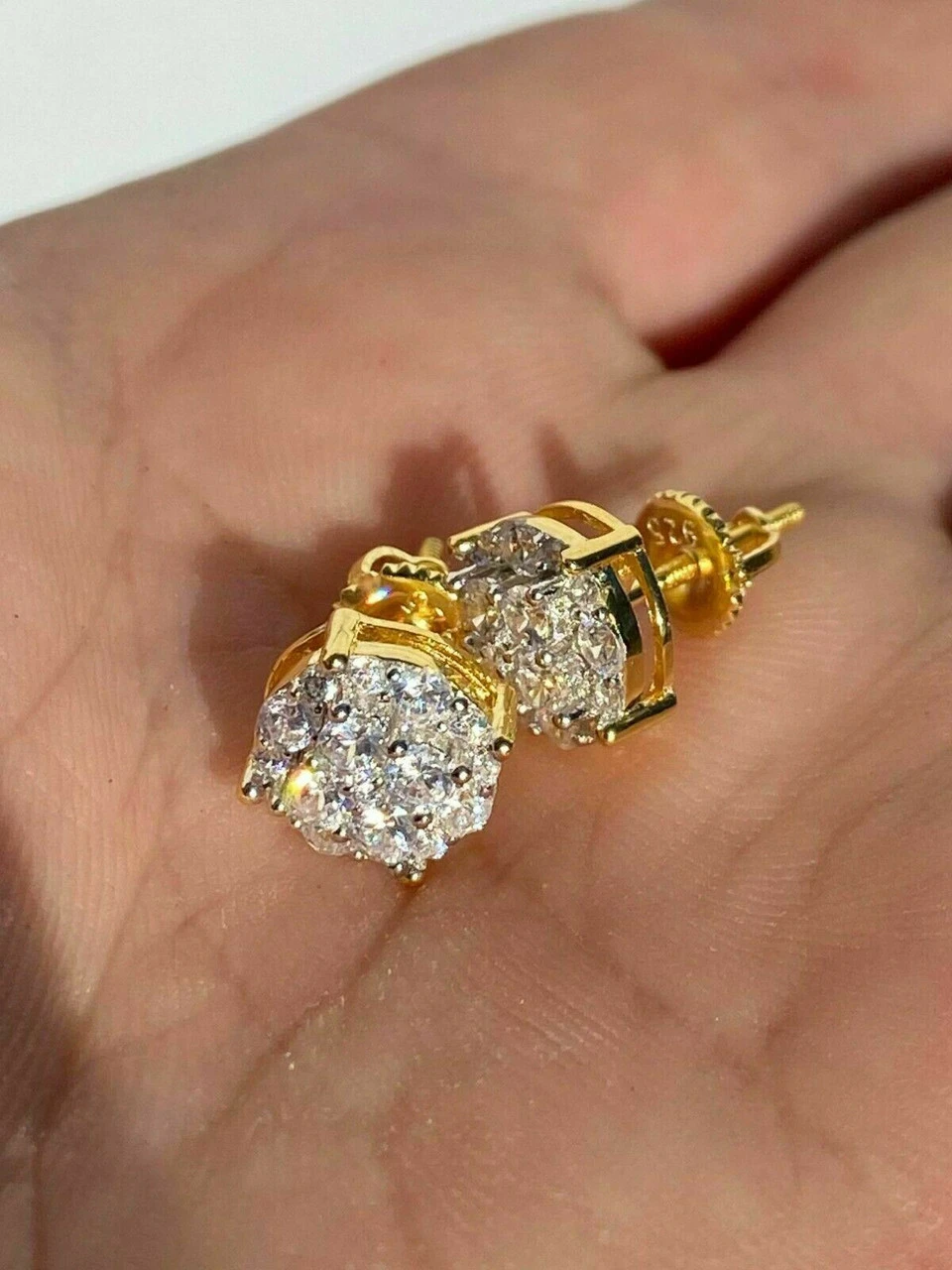 Gold Vermeil MOISSANITE Iced Hip Hop Earrings Cluster Studs Pass Diamond Tester 8 Gold Vermeil MOISSANITE Iced Hip Hop Earrings Cluster Studs Pass Diamond Tester - Image 6