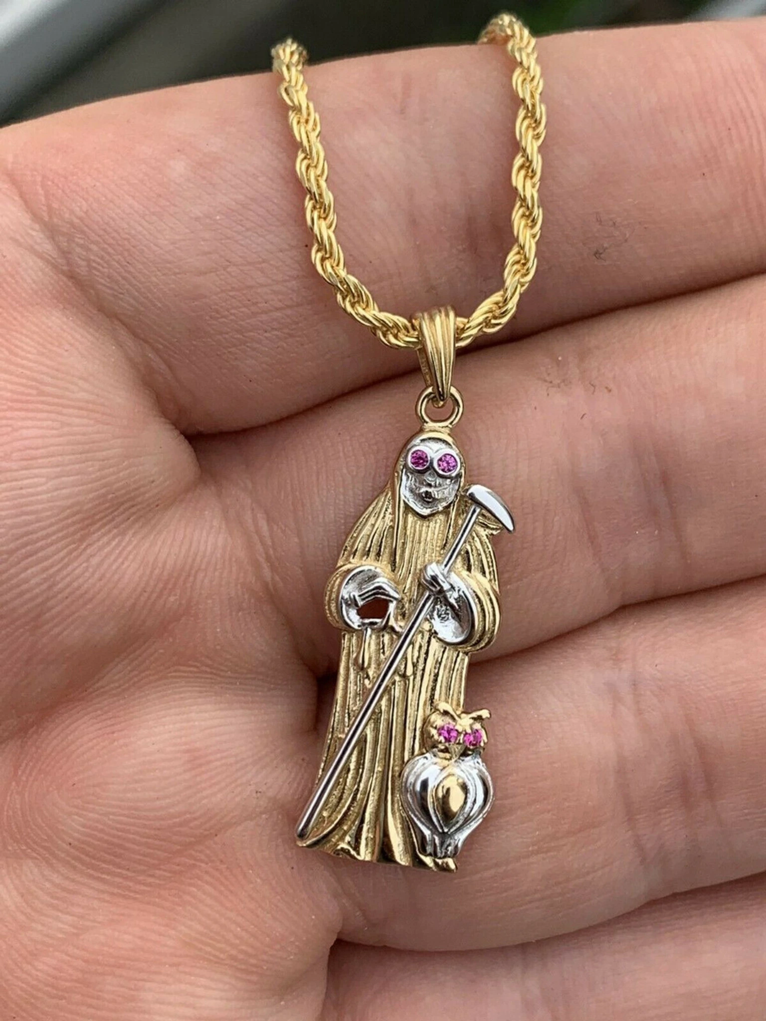 Grim Reaper Santa Muerte Death Pendant Real 14k Gold & Solid 925 Silver Italy 3 Grim Reaper Santa Muerte Death Pendant Real 14k Gold & Solid 925 Silver Italy