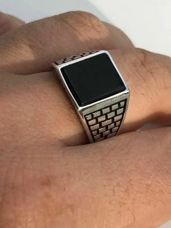 Handmade Real Solid 925 Sterling Silver Black Onyx Square Ring Sizes 7-13 Pinky