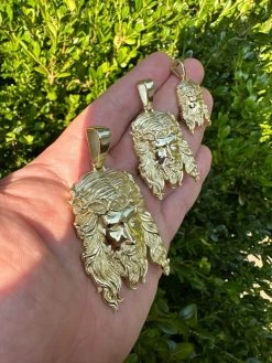 HEAVY SOLID Real 14k Gold Over 925 Sterling Silver Jesus Piece Pendant - 1-2.5" -Harlem Bling Shop harlembling heavy solid real 14k gold over 925 sterling silver jesus piece pendant 1 2.5 24919.1689204378