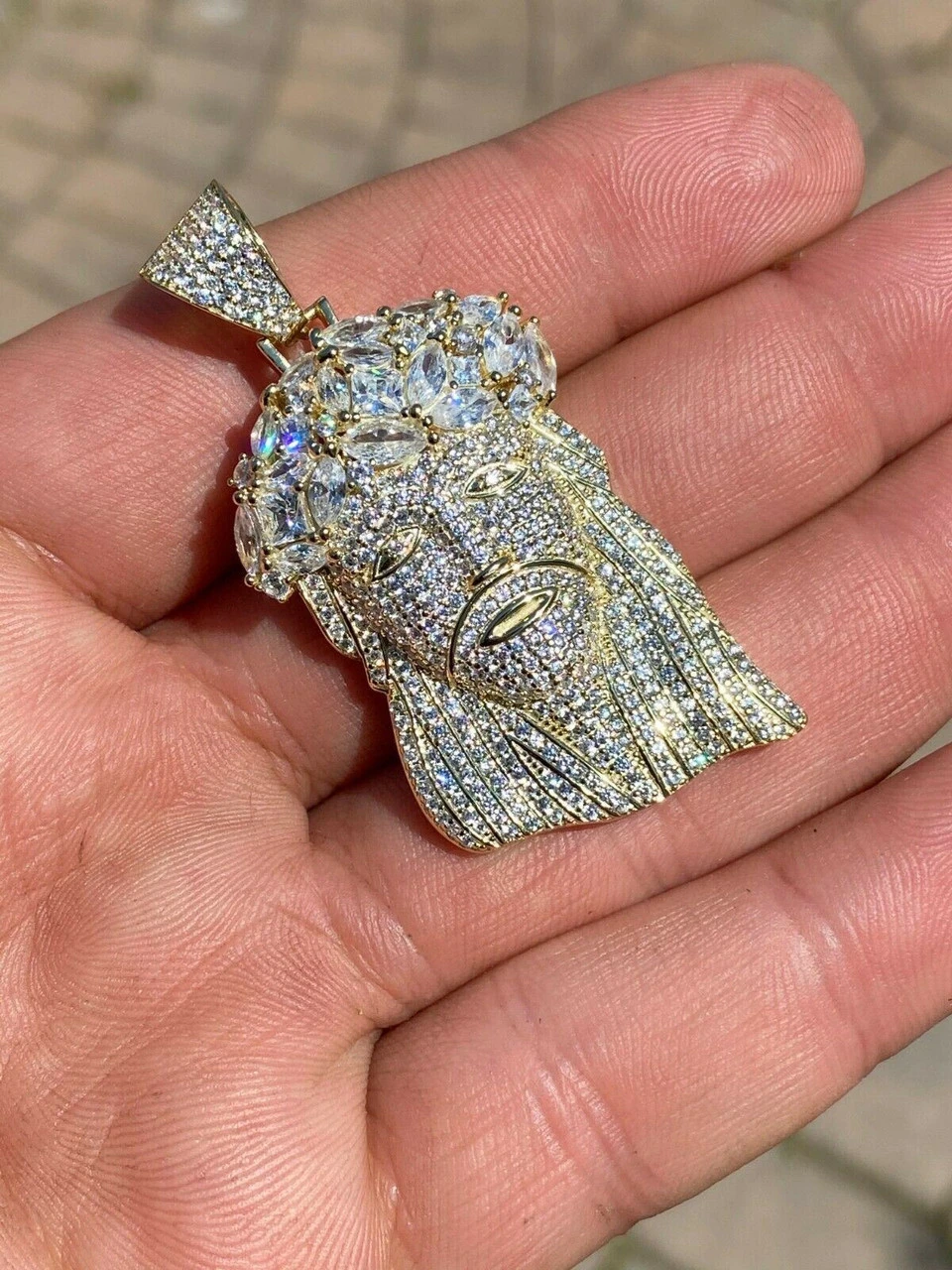 Hip Hop 14k Gold Over 925 Sterling Silver Jesus Piece Flooded Out Pendant Iced 5 Hip Hop 14k Gold Over 925 Sterling Silver Jesus Piece Flooded Out Pendant Iced - Image 3